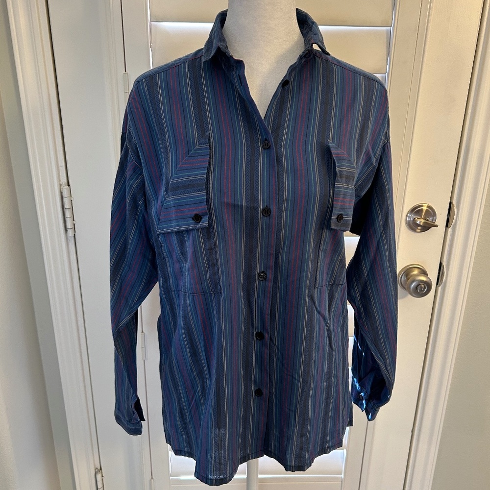 Vintage Diane Von Furstenberg Blue Button Down Shirt w/ Colorful Stripes Size 8